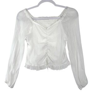 Beautees Womens White Smocked Long Sleeve Ruffle Hem Blouse Top Large
